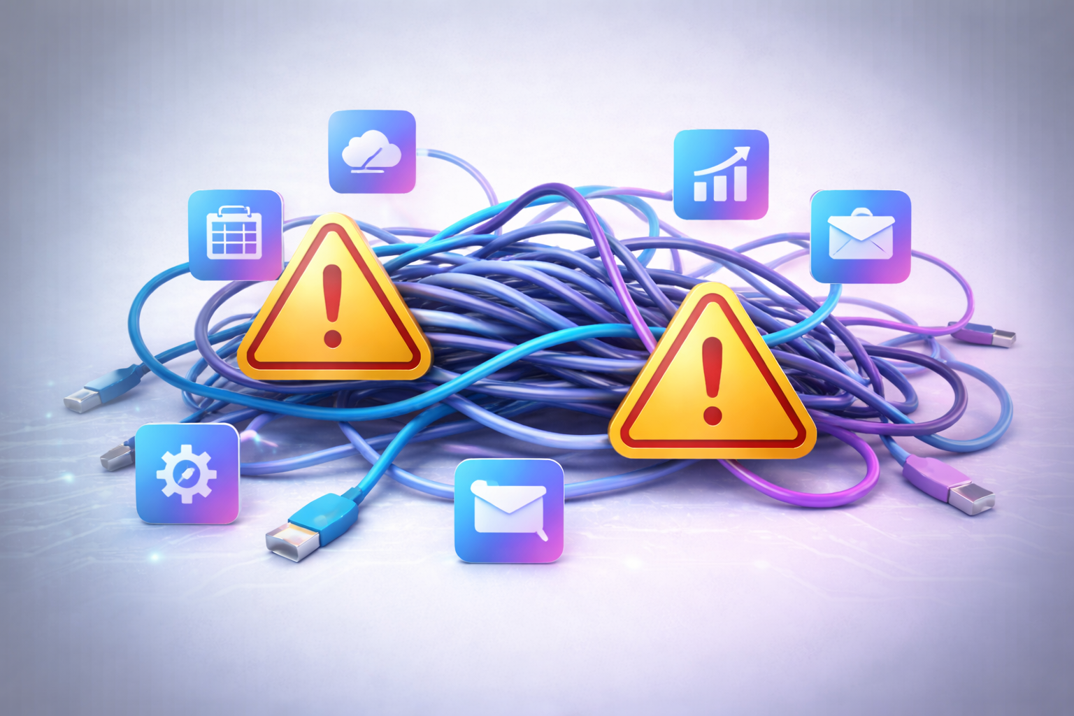 Warning icons next to messy and tangled cable wires