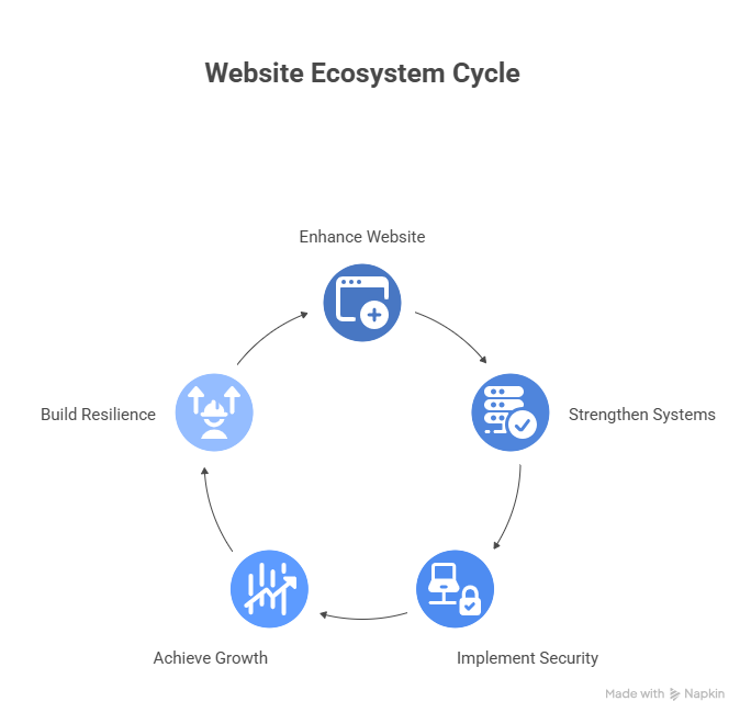 Placeholder: Simple "ecosystem diagram" graphic showing Website + Systems + Security feeding into Growth/Resilience