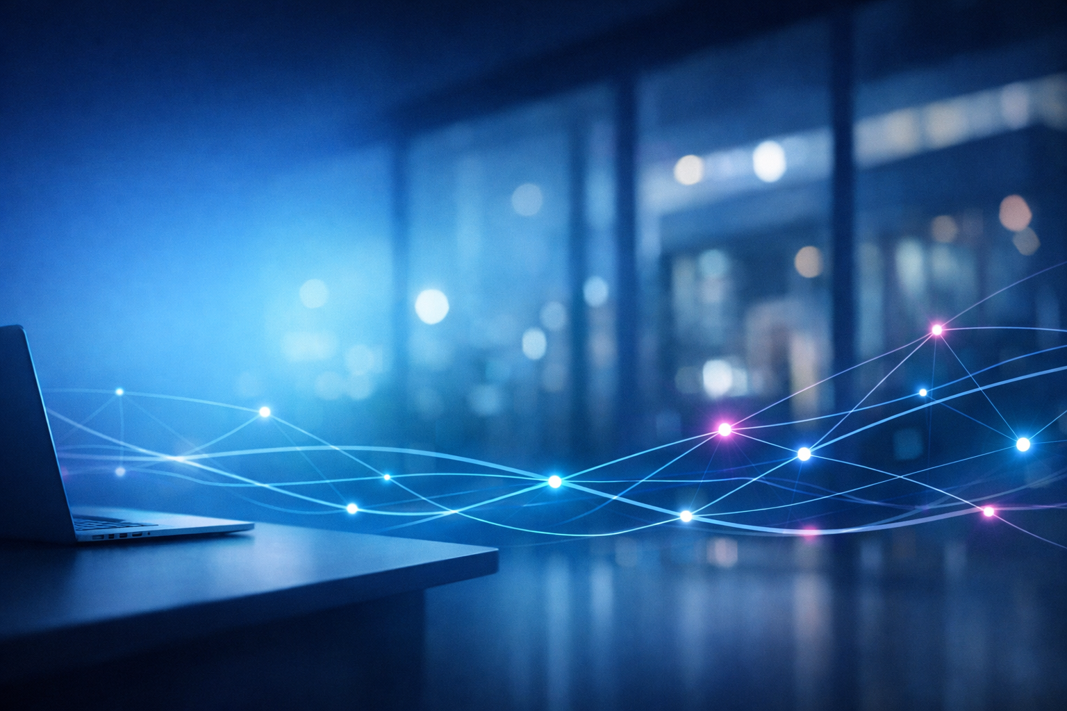 Laptop with wavy and glowing lines representing digital transformation