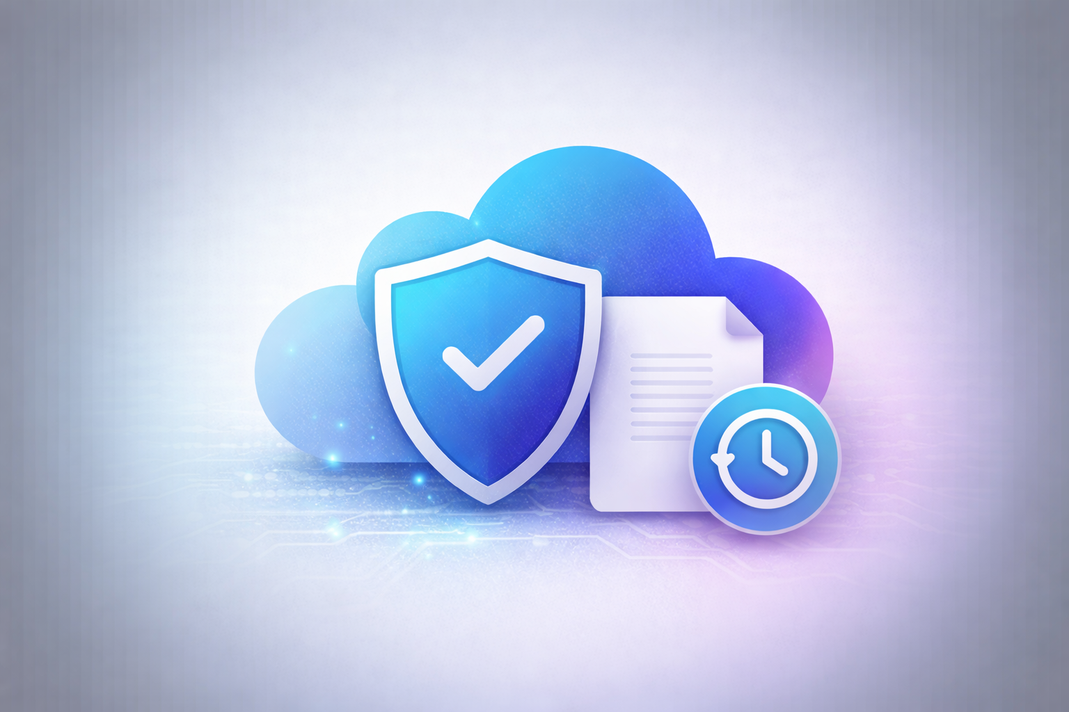 Cybersecurity + backup concept image: shield + cloud + file restore/clock icon