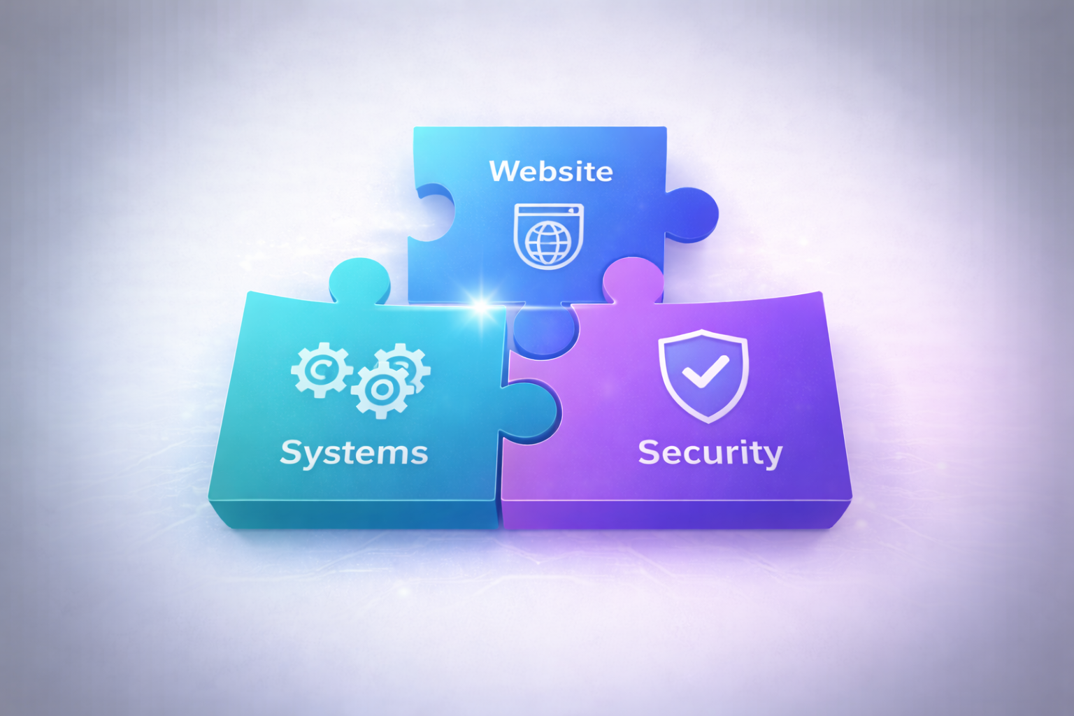 Three puzzle pieces labeled Website, Systems, Security clicking together